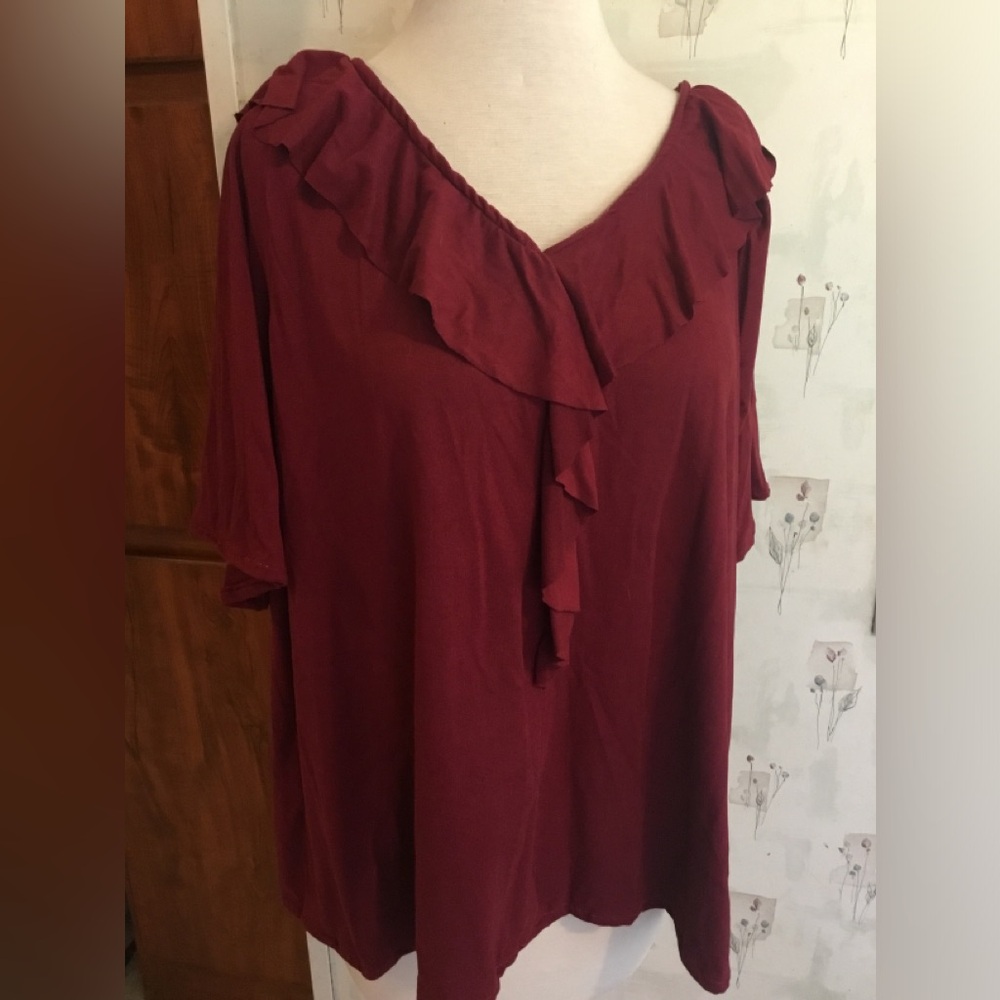 Handmade Burgundy Ruffle V-Neck Blouse Boho Whimsigoth Romantic Top XL